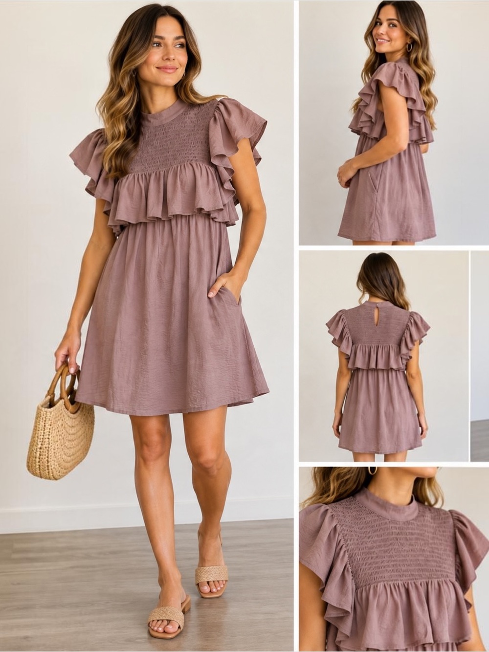 A New Day XS Dusty Mauve Smocked Ruffle Sleeve Midi Dress Pockets